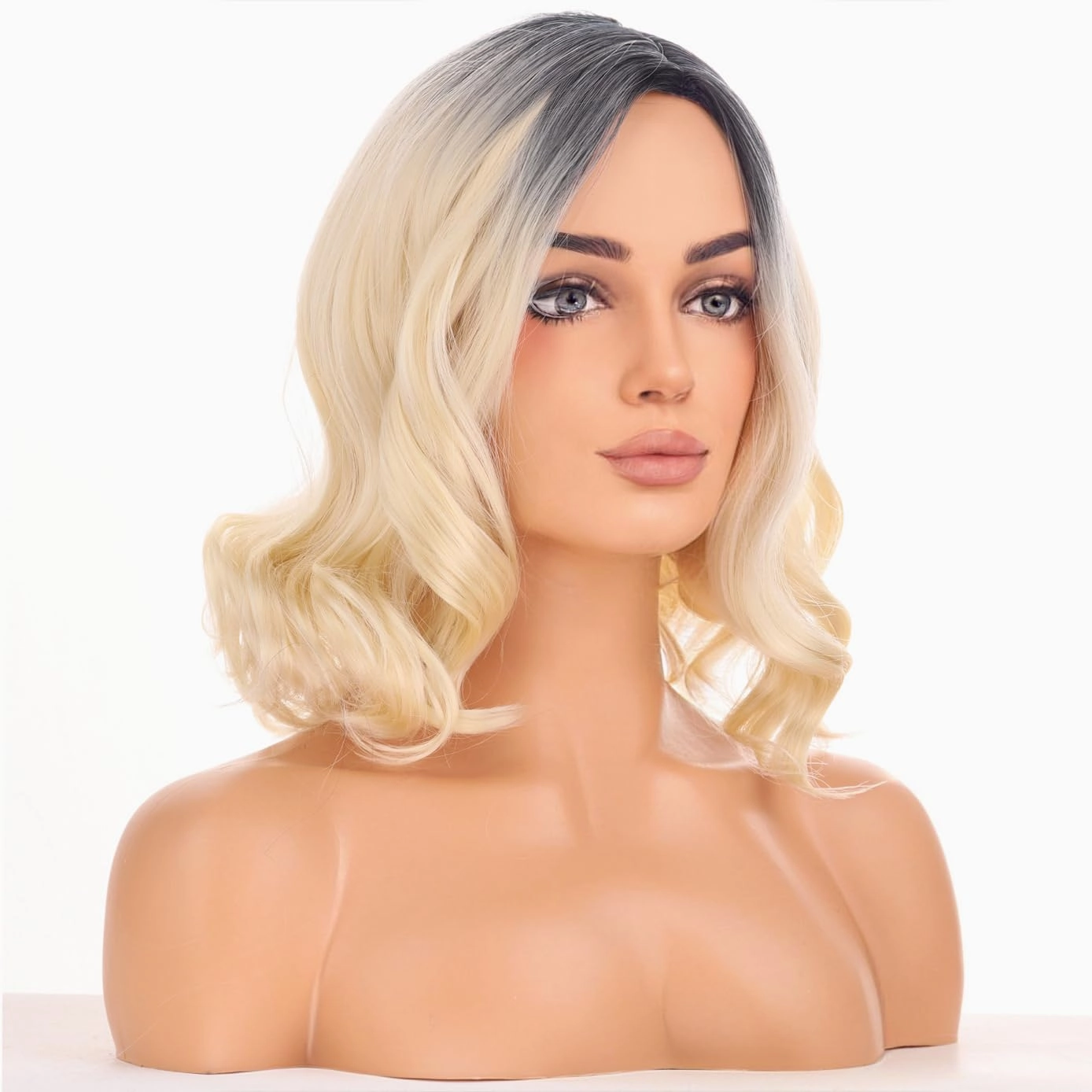 BERON Blonde Ombre Women Wig Girls Short Curly Wavy Hair Wigs Dark Roots Shoulder Length Synthetic Wigs for Daily or Cosplay Use