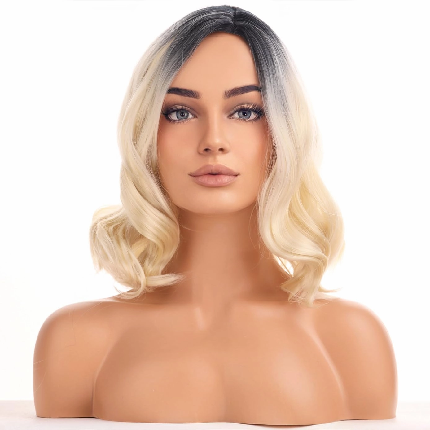 BERON Blonde Ombre Women Wig Girls Short Curly Wavy Hair Wigs Dark Roots Shoulder Length Synthetic Wigs for Daily or Cosplay Use