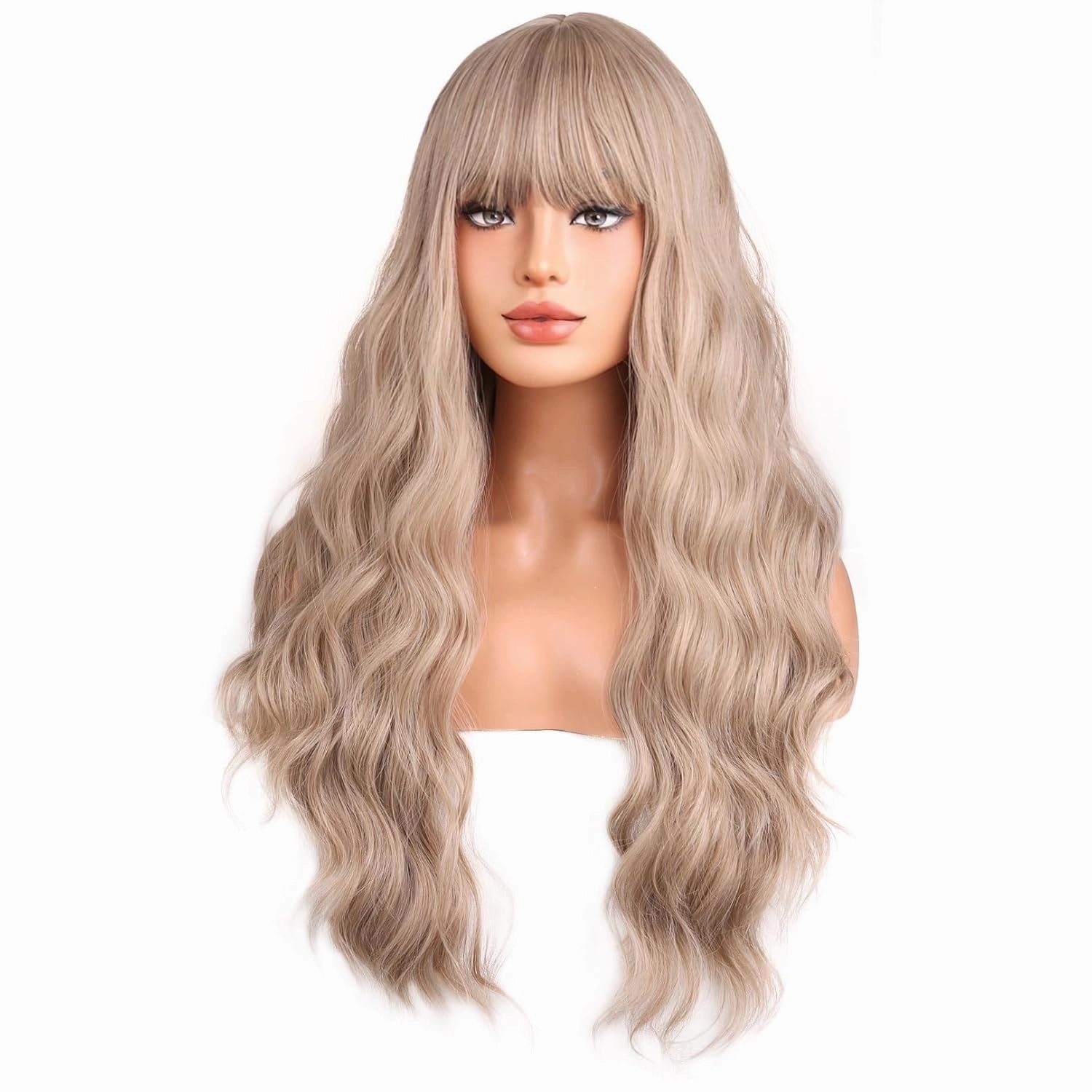 BERON Blonde Wigs Long Wavy Wig for Women with Bangs Costume Curly Heat Resistant Synthetic Hair Wigs for Cosplay or Daily
