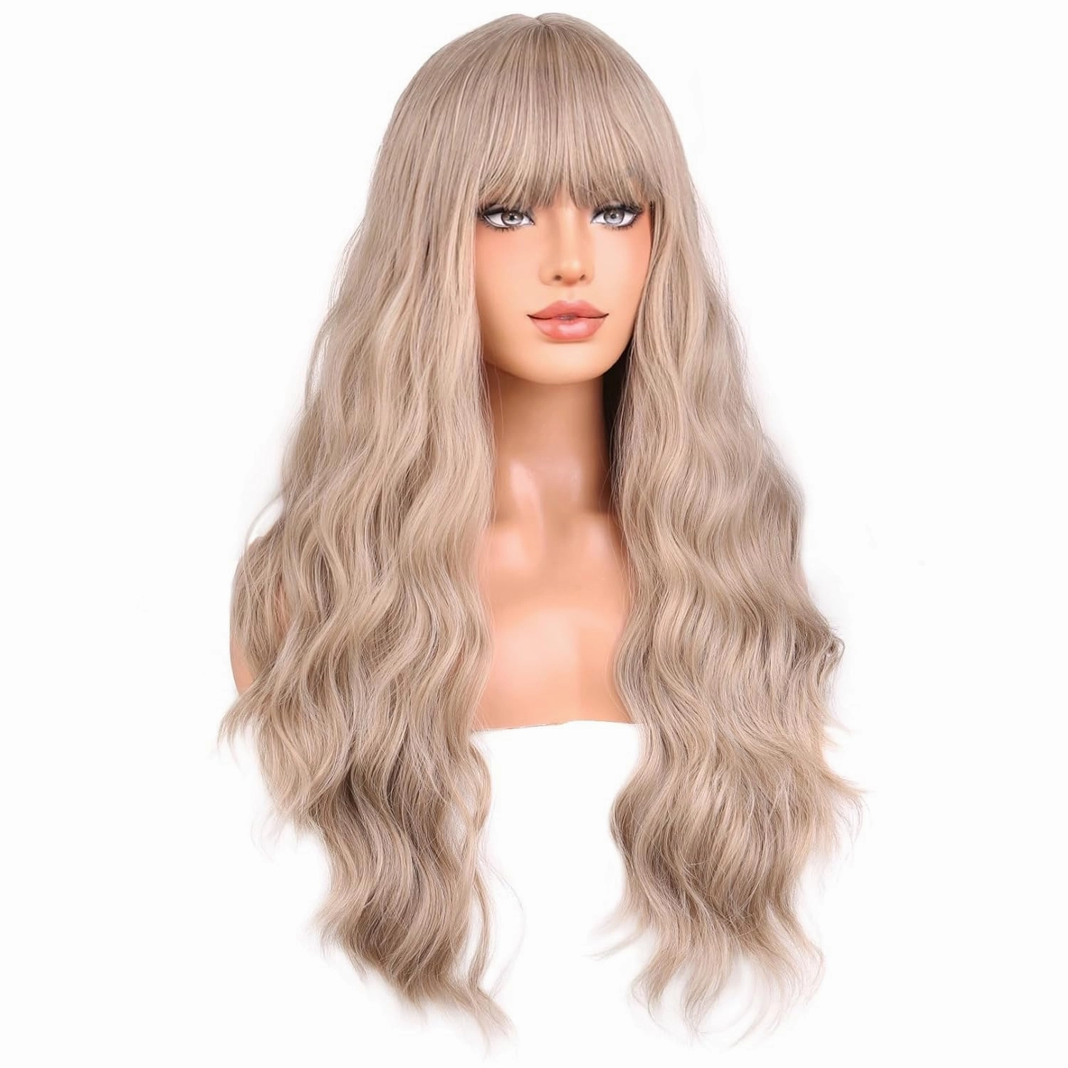 BERON Blonde Wigs Long Wavy Wig for Women with Bangs Costume Curly Heat Resistant Synthetic Hair Wigs for Cosplay or Daily