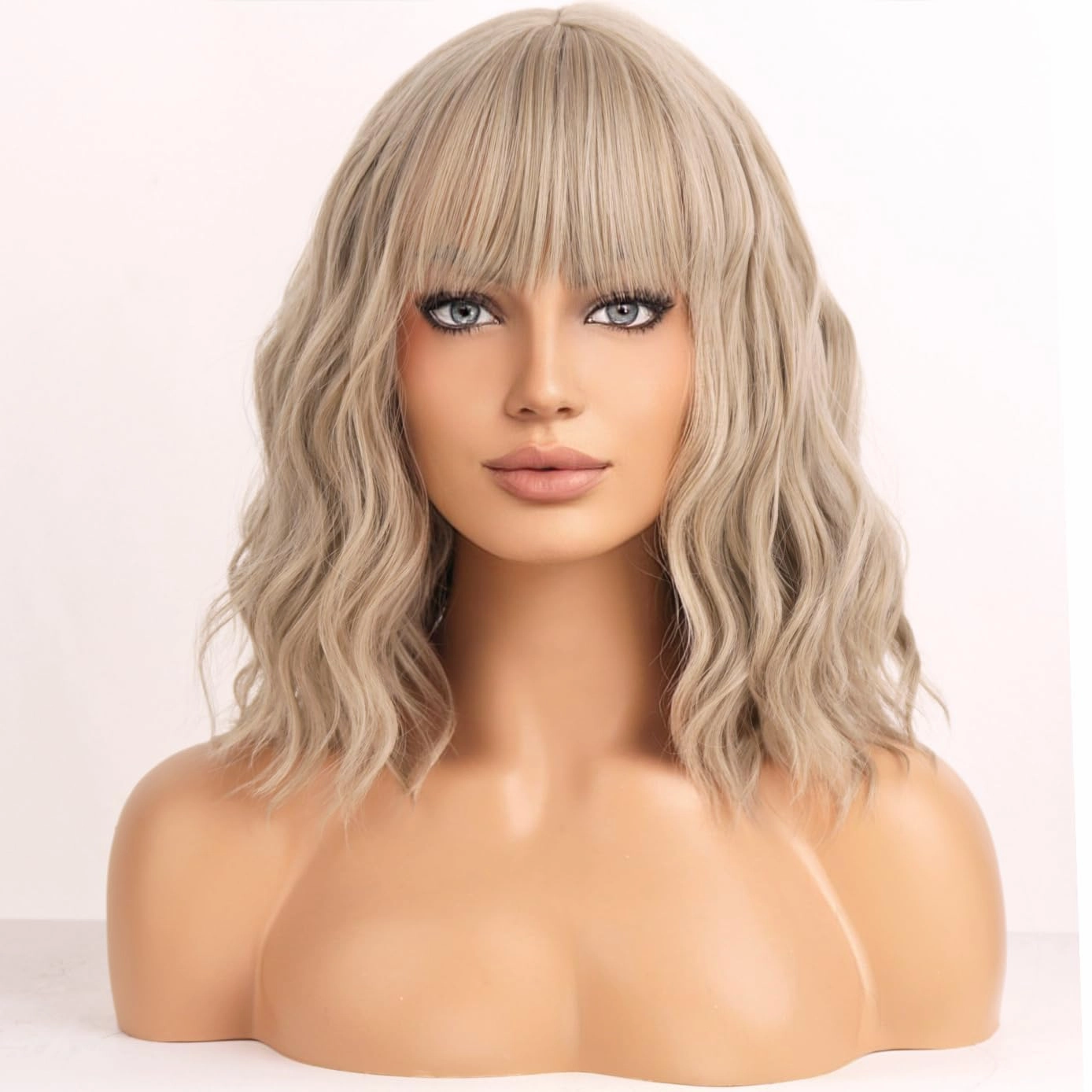 BERON Blonde Womens Wig Short Curly Bob Wig with Bangs for Girls Mixed Blonde Wavy Hair Wigs 12'' Women's Synthetic Wigs Daily or Cosplay Use