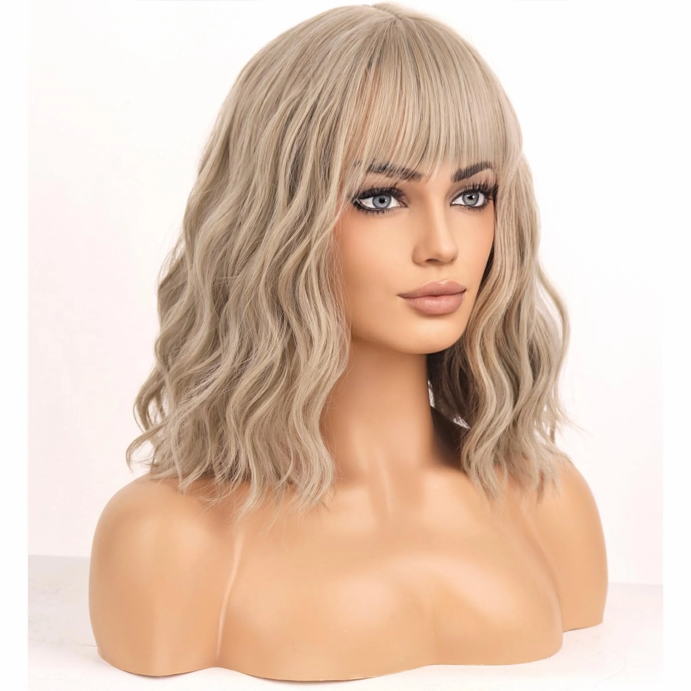 BERON Blonde Womens Wig Short Curly Bob Wig with Bangs for Girls Mixed Blonde Wavy Hair Wigs 12'' Women's Synthetic Wigs Daily or Cosplay Use