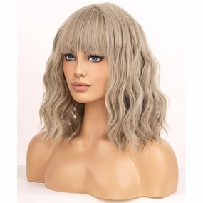 BERON Blonde Womens Wig Short Curly Bob Wig with Bangs for Girls Mixed Blonde Wavy Hair Wigs 12'' Women's Synthetic Wigs Daily or Cosplay Use