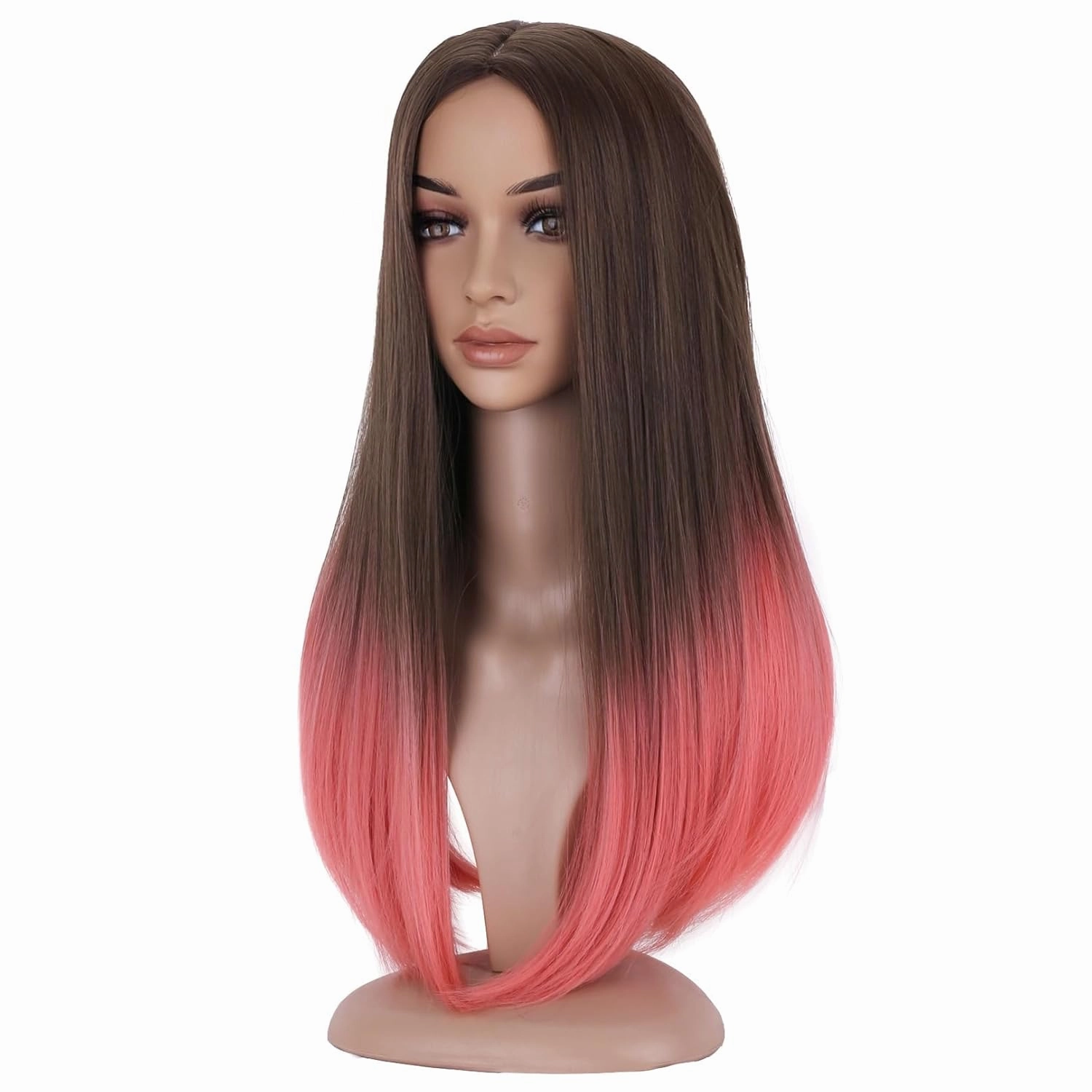 BERON Brown Ombre Light Orange Long Straight Wigs for Women Girls Middle Part Heat Resistant Synthetic Wig Cosplay Costume Party Daily Wigs