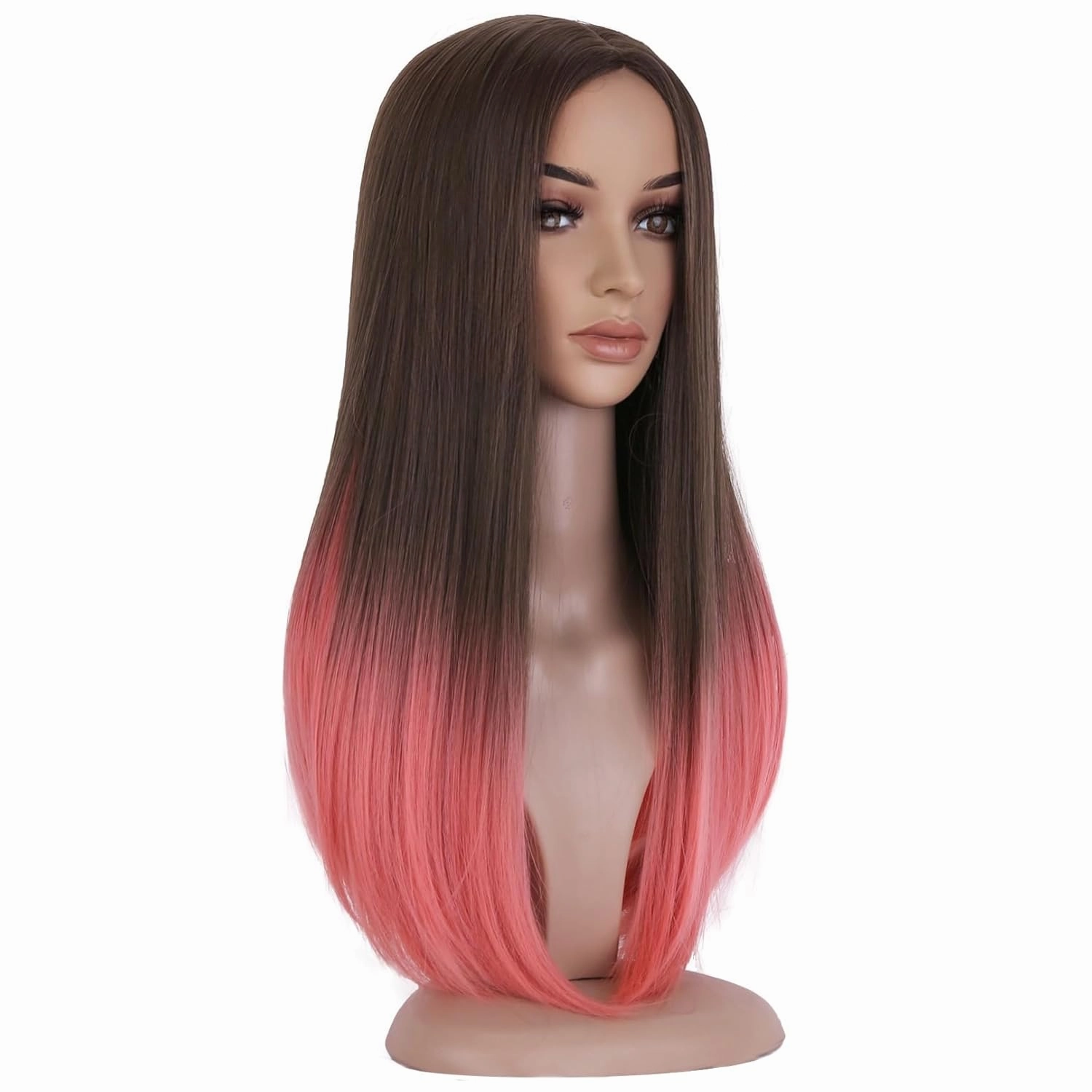 BERON Brown Ombre Light Orange Long Straight Wigs for Women Girls Middle Part Heat Resistant Synthetic Wig Cosplay Costume Party Daily Wigs