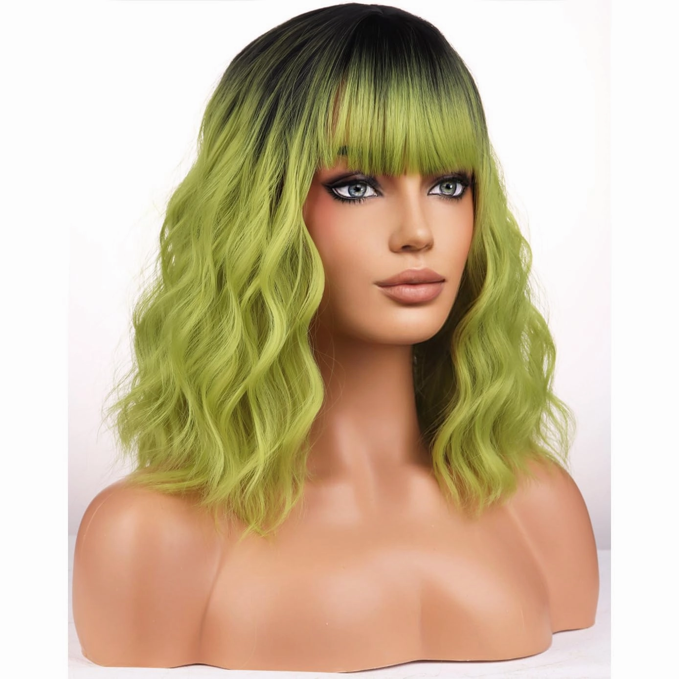 BERON Green Ombre Womens Wig Short Curly Wavy Girls Hair Wigs with Bangs Dark Roots Color Wavy Hair Wigs 12'' Women's Synthetic Wig Daily Use