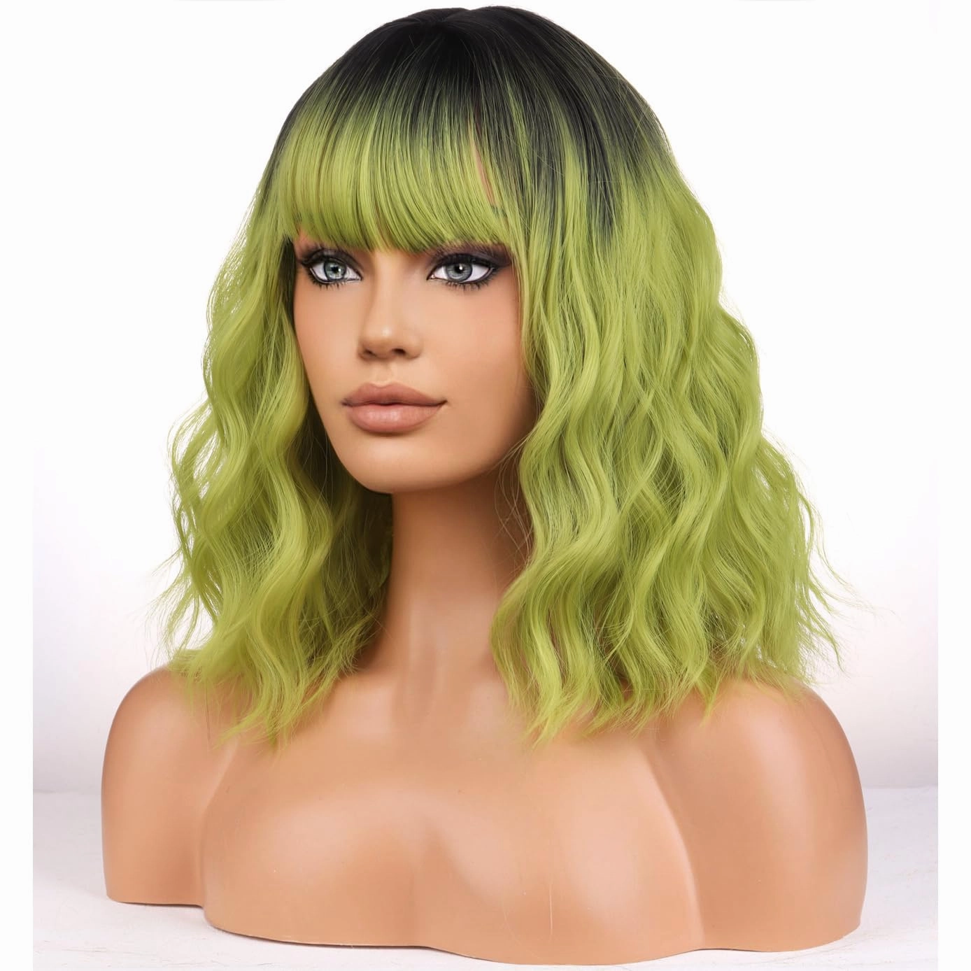 BERON Green Ombre Womens Wig Short Curly Wavy Girls Hair Wigs with Bangs Dark Roots Color Wavy Hair Wigs 12'' Women's Synthetic Wig Daily Use