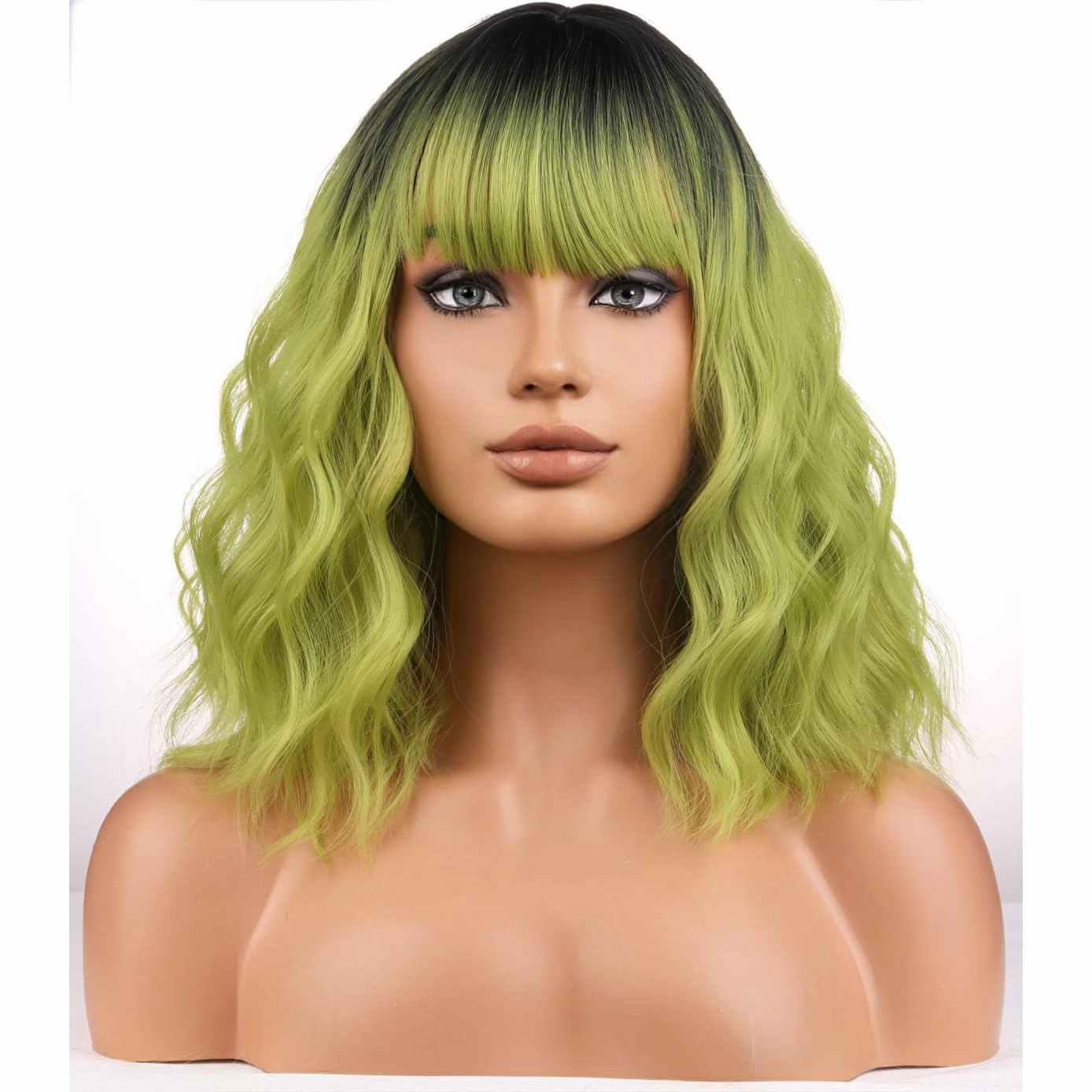 BERON Green Ombre Womens Wig Short Curly Wavy Girls Hair Wigs with Bangs Dark Roots Color Wavy Hair Wigs 12'' Women's Synthetic Wig Daily Use