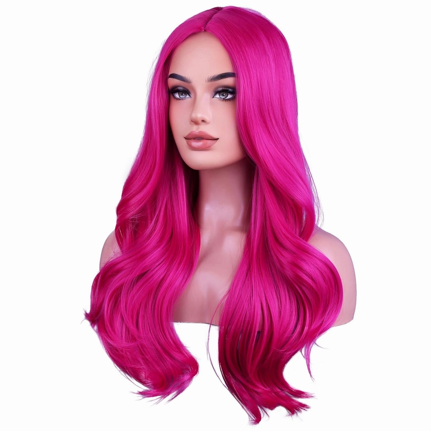 BERON Hot Pink Long Wigs for Women Girls Magenta Curly Wavy Hair Wig Middle Part Dark Pink Heat Resistant Synthetic Fiber Wigs