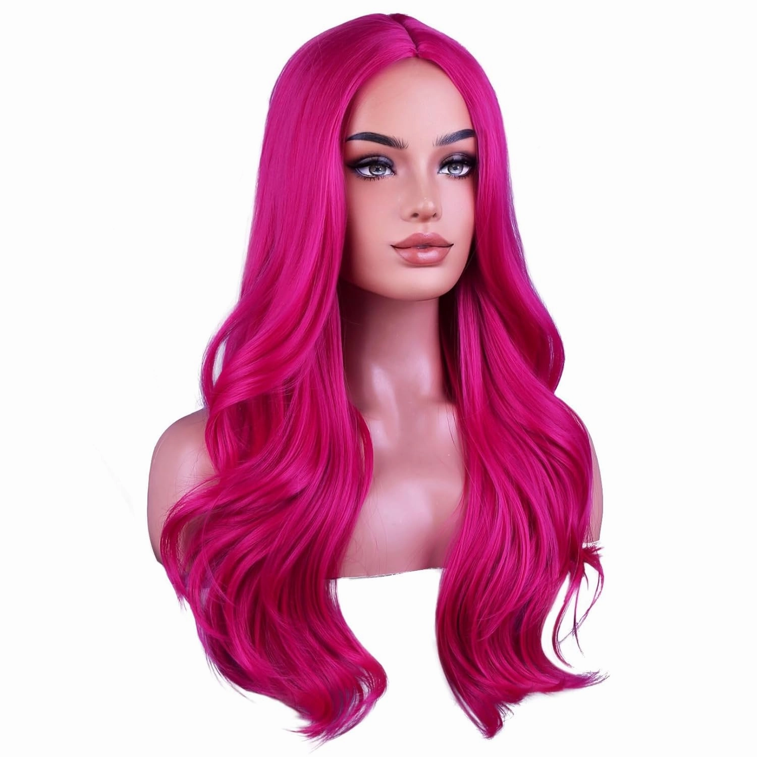 BERON Hot Pink Long Wigs for Women Girls Magenta Curly Wavy Hair Wig Middle Part Dark Pink Heat Resistant Synthetic Fiber Wigs