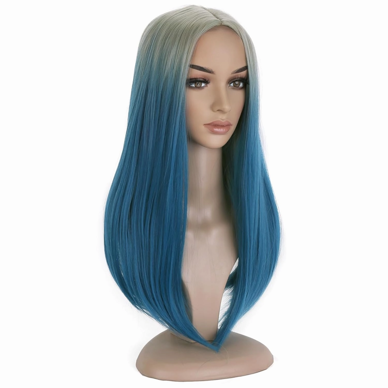 BERON Women Blue Ombre Long Straight Middle Part Wig Girls Two Tone Heat Resistant Wig for Halloween CosPlay Costume Party and Daily