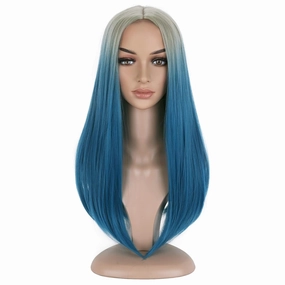 BERON Women Blue Ombre Long Straight Middle Part Wig Girls Two Tone Heat Resistant Wig for Halloween CosPlay Costume Party and Daily