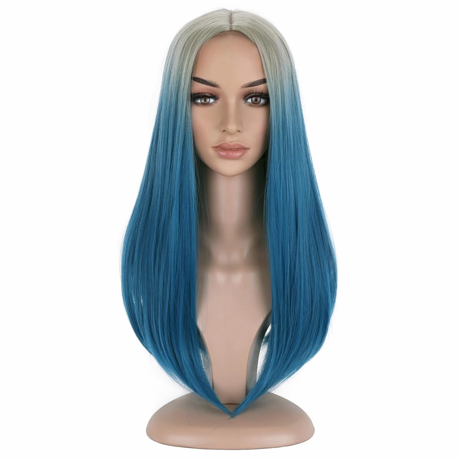 BERON Women Blue Ombre Long Straight Middle Part Wig Girls Two Tone Heat Resistant Wig for Halloween CosPlay Costume Party and Daily