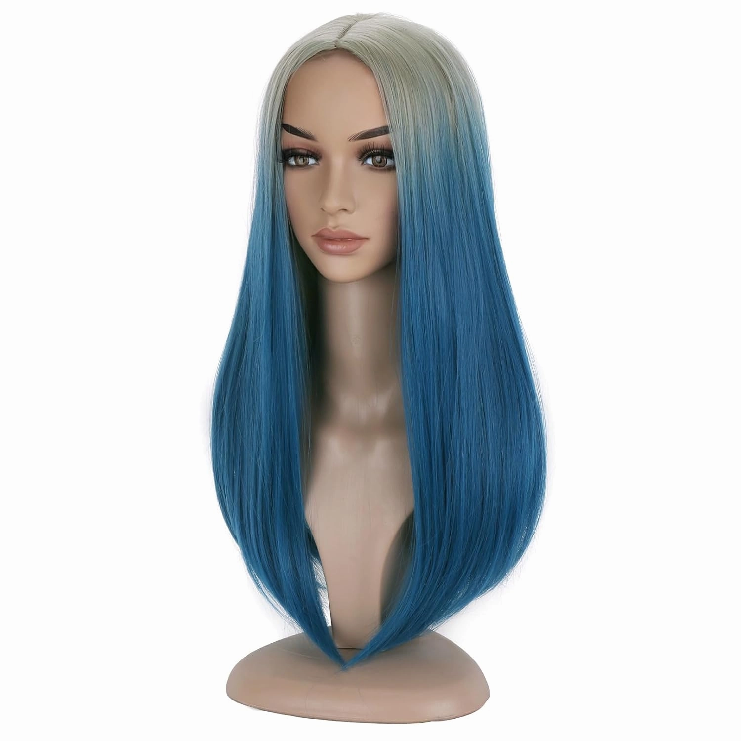 BERON Women Blue Ombre Long Straight Middle Part Wig Girls Two Tone Heat Resistant Wig for Halloween CosPlay Costume Party and Daily