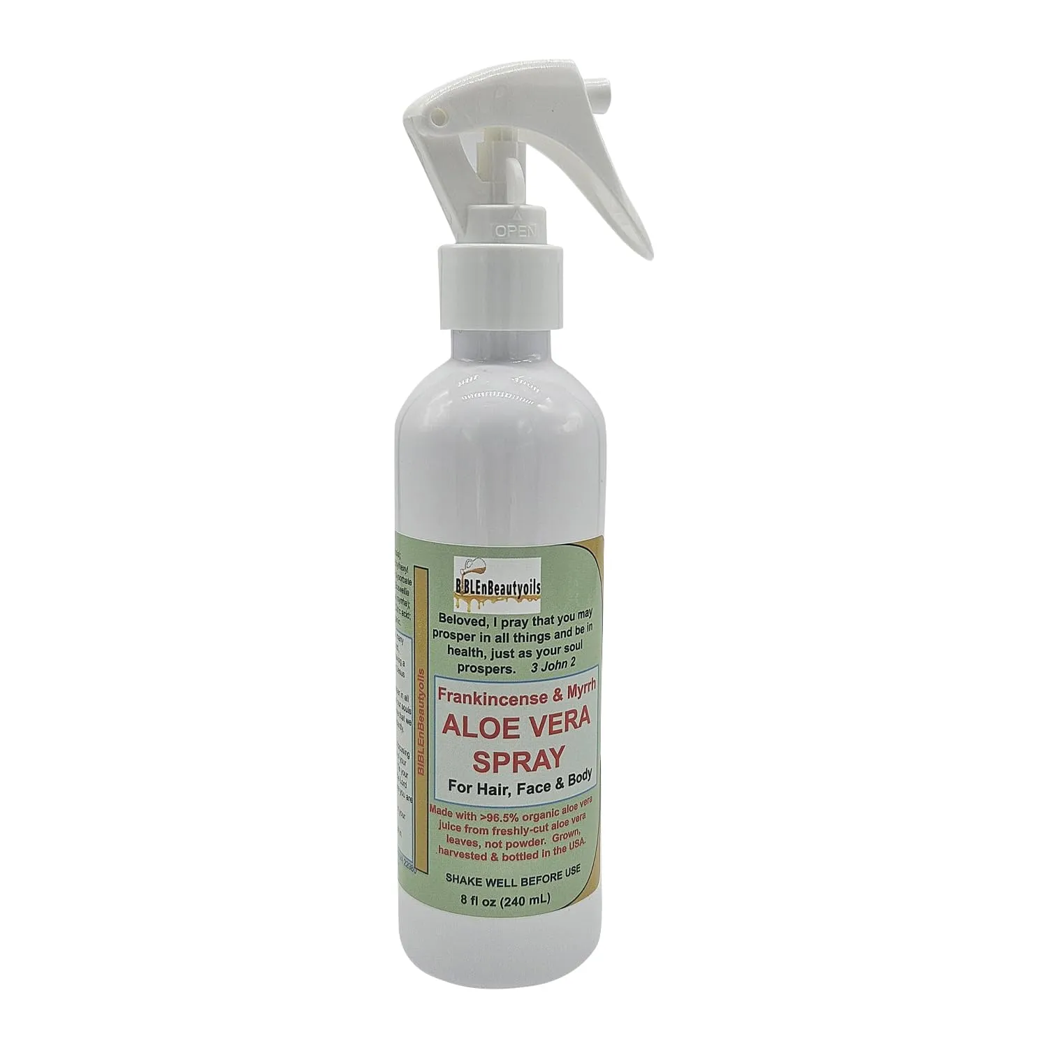 BiblenBeautyoils Frankincense and Myrrh Aloe Vera Spray, 96.5% Organic Aloe Spray for Hair, Face, and Body, Hydrating Facial Mist and Body Spray for Hair Care and Skin Moisturization (8 Fl Oz)