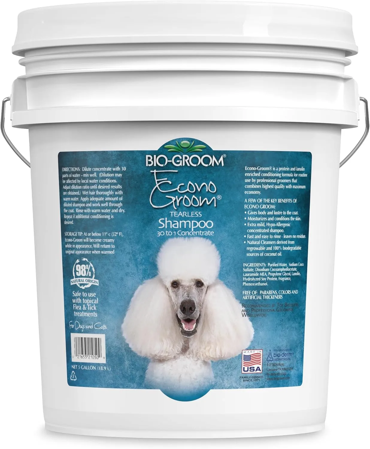 Bio-Groom Econo Groom Tearless Shampoo 30 to 1 Concentrate - Dog Bathing Supplies, Cruelty-Free, Made in USA, Hypoallergenic - 5 Gallons