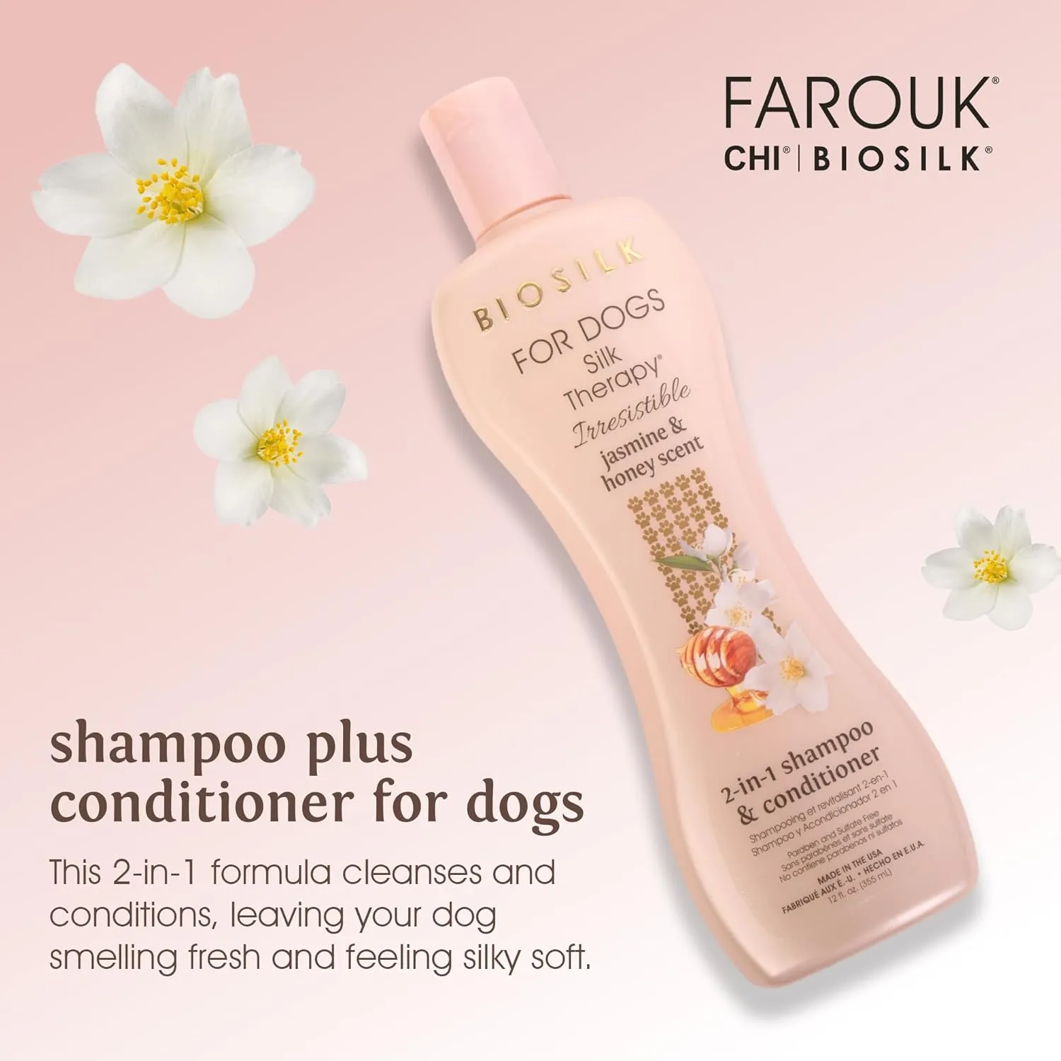 BioSilk for Dogs Silk Therapy Irresistible 2-in-1 Shampoo and Conditioner, Scented, Jasmine and Honey Scent, Paraben Free, Made in The USA, 12 Fl Ounces