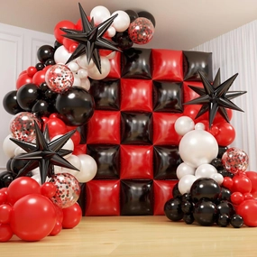 Black and Red Checkered Square Foil Balloons Backdrop Wall, Double Sided Tunnel with Black Red White Balloon Arch Garland Kit for Racing Car Birthday New Year Party Decor