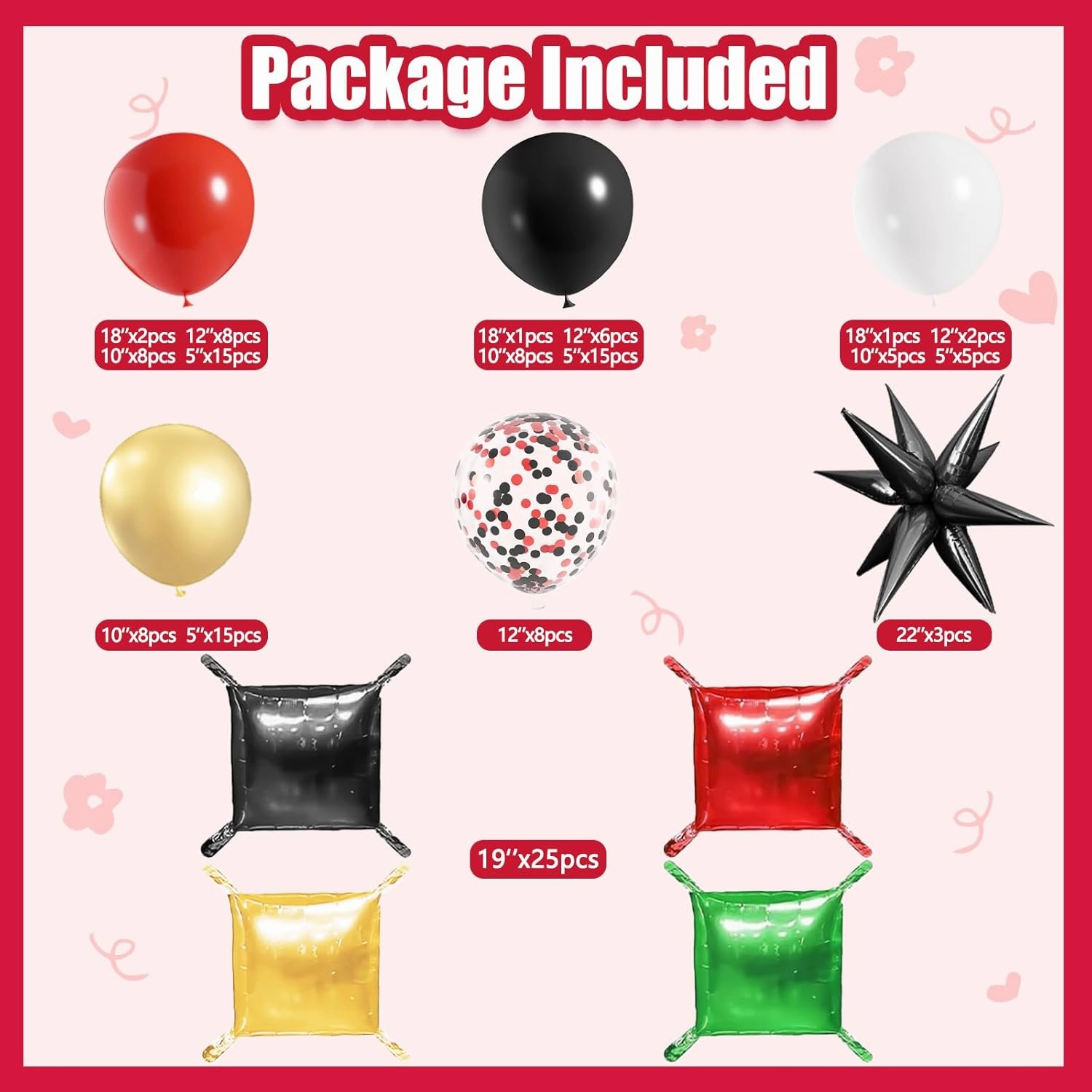 Black and Red Checkered Square Foil Balloons Backdrop Wall, Double Sided Tunnel with Black Red White Balloon Arch Garland Kit for Racing Car Birthday New Year Party Decor