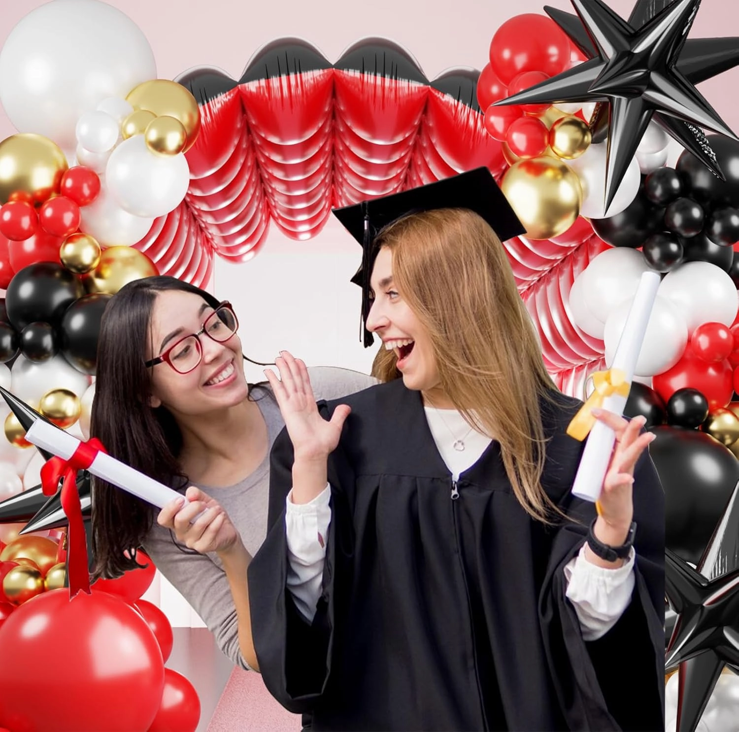 Black and Red Checkered Square Foil Balloons Backdrop Wall, Double Sided Tunnel with Black Red White Balloon Arch Garland Kit for Racing Car Birthday New Year Party Decor