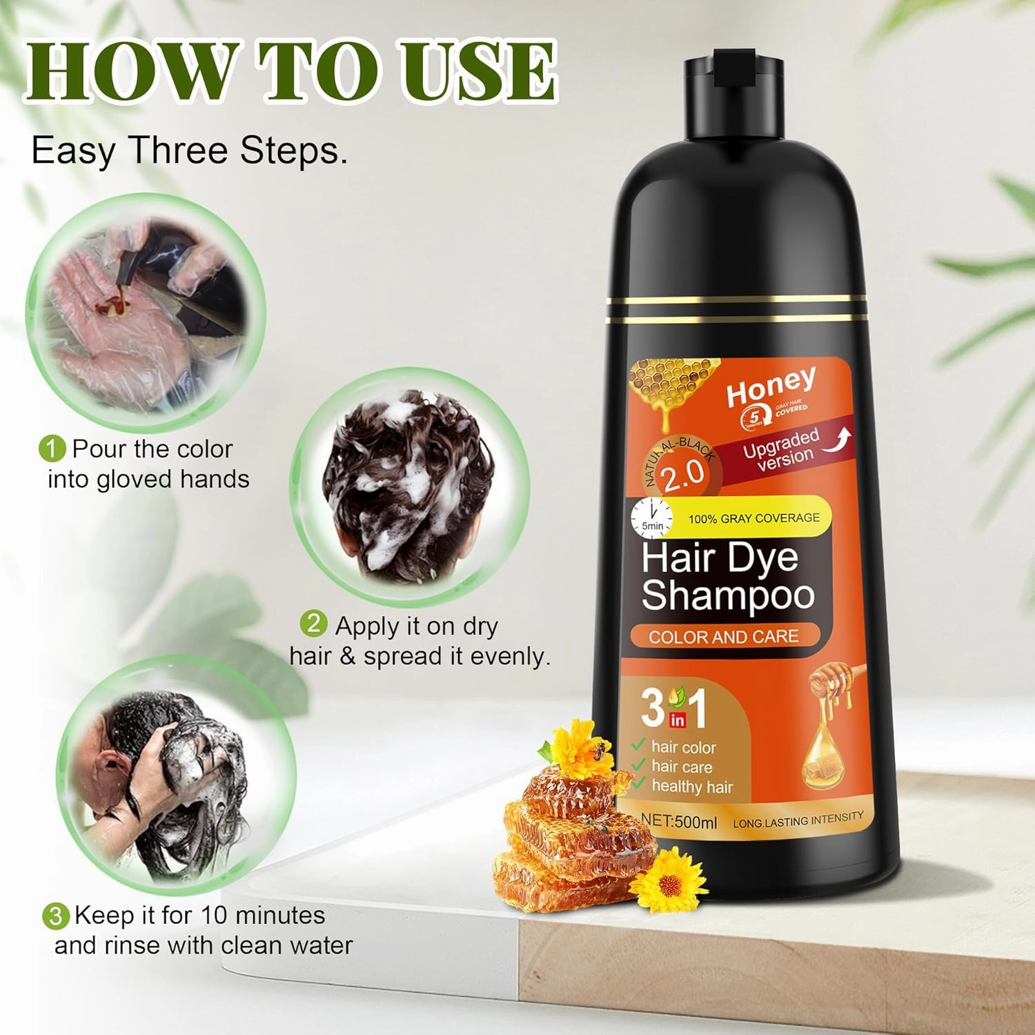 Black Hair Dye Shampoo 3 in 1 for Women & Men 100% Gray Hair Coverage - Herbal Ingredients Natural Plant Hair Color - Hair Dye in Minutes 17.6 Fl Oz
