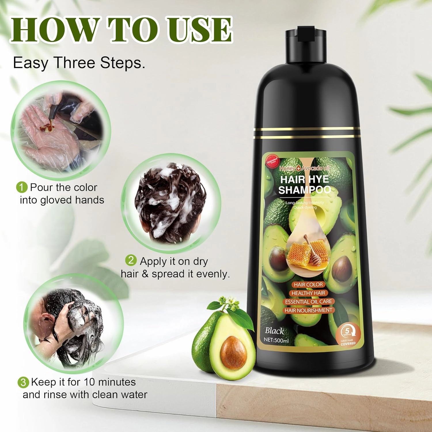 Black Hair Dye Shampoo 3 in 1 for Women & Men 100% Gray Hair Coverage - Herbal Ingredients Natural Plant Hair Color - Hair Dye in Minutes 17.6 Fl Oz