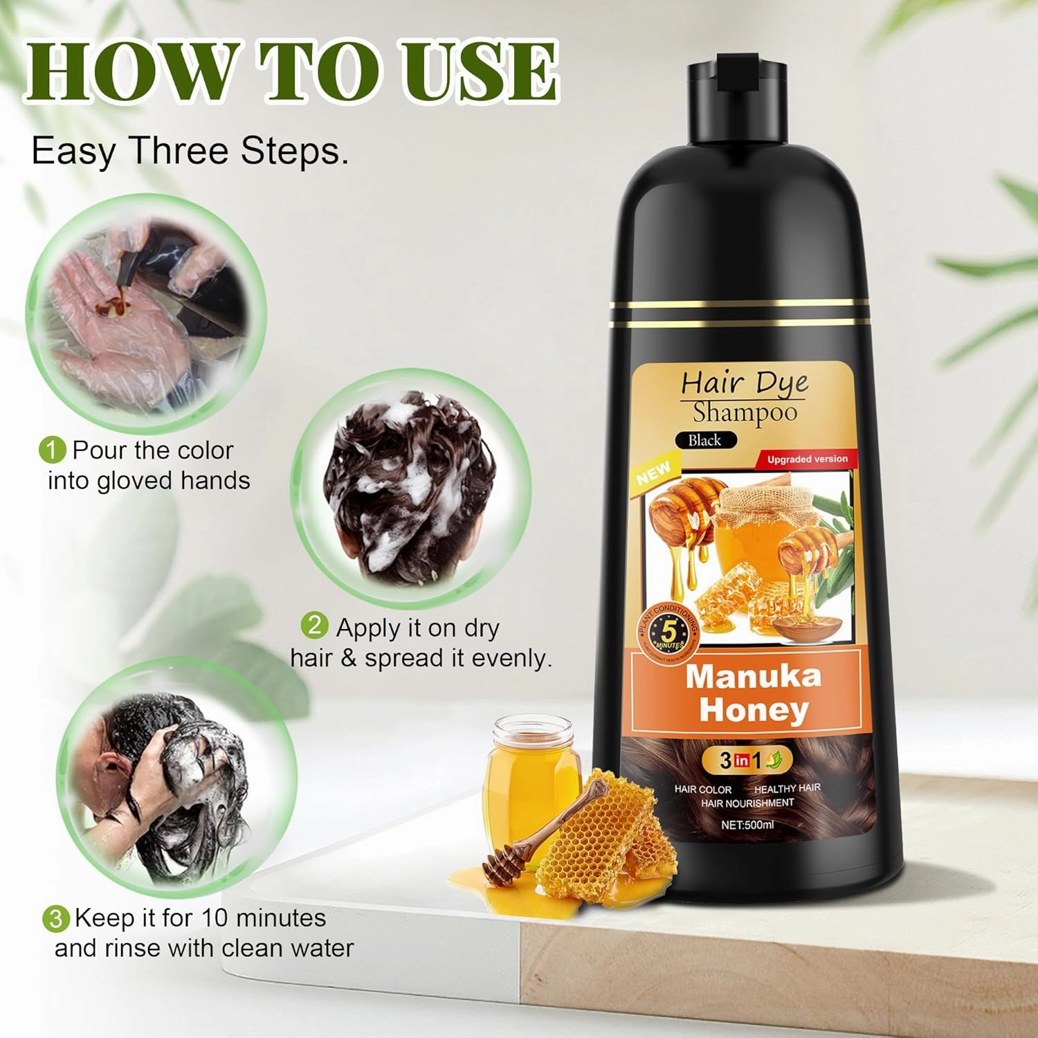 Black Hair Dye Shampoo 3 in 1 for Women & Men 100% Gray Hair Coverage - Herbal Ingredients Natural Plant Hair Color - Hair Dye in Minutes 17.6 Fl Oz