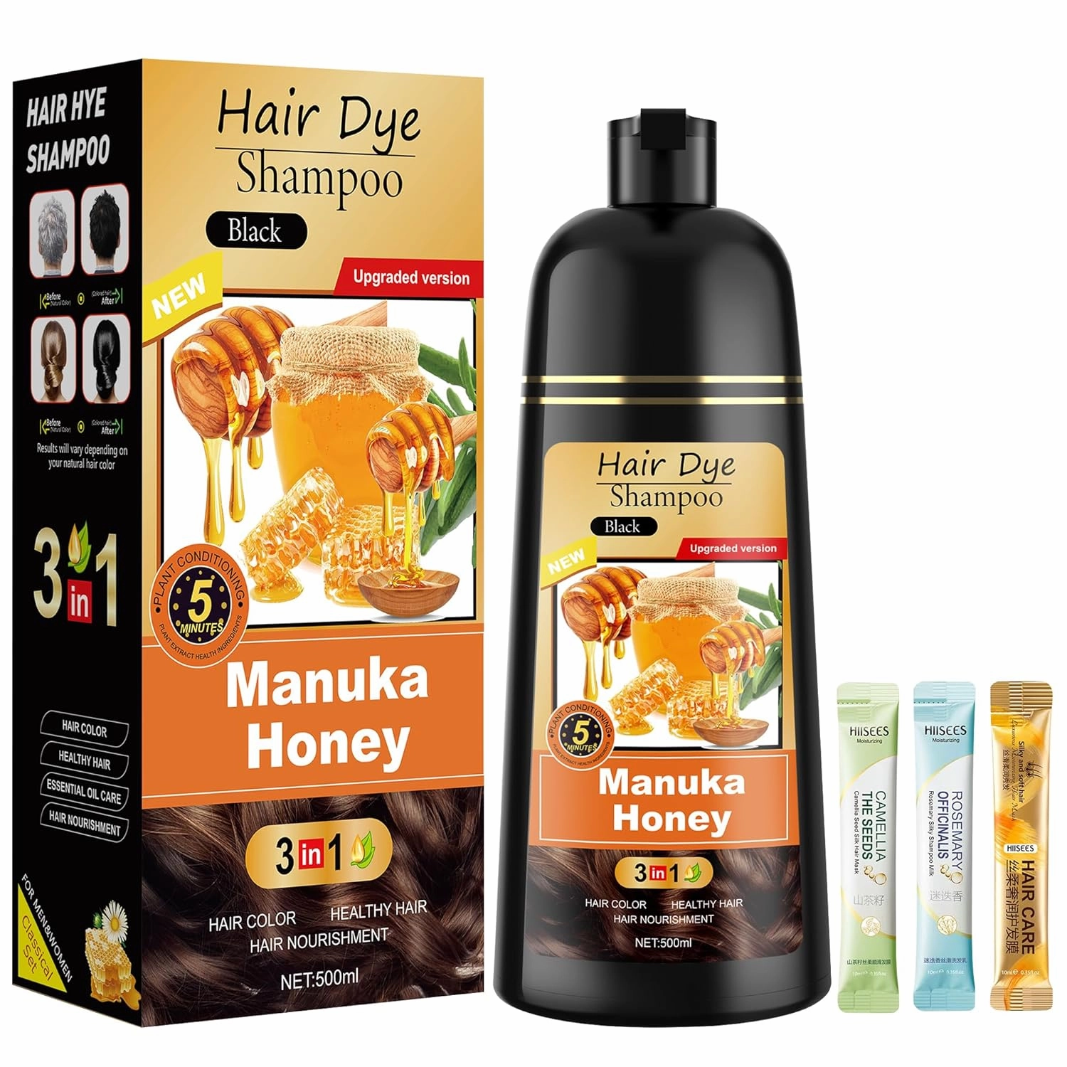 Black Hair Dye Shampoo 3 in 1 for Women & Men 100% Gray Hair Coverage - Herbal Ingredients Natural Plant Hair Color - Hair Dye in Minutes 17.6 Fl Oz