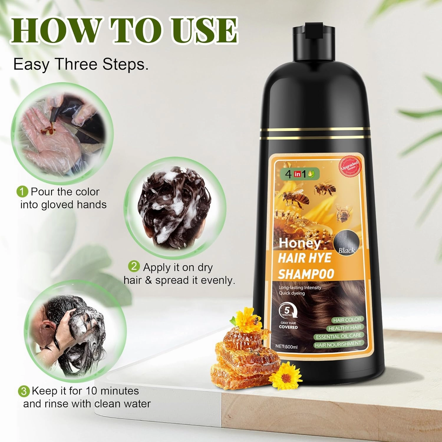 Black Hair Dye Shampoo 3 in 1 for Women & Men 100% Gray Hair Coverage - Herbal Ingredients Natural Plant Hair Color - Hair Dye in Minutes 17.6 Fl Oz