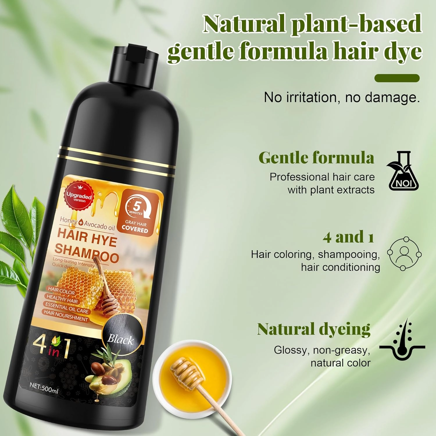 Black Hair Dye Shampoo 3 in 1 for Women & Men 100% Gray Hair Coverage - Herbal Ingredients Natural Plant Hair Color - Hair Dye in Minutes 17.6 Fl Oz