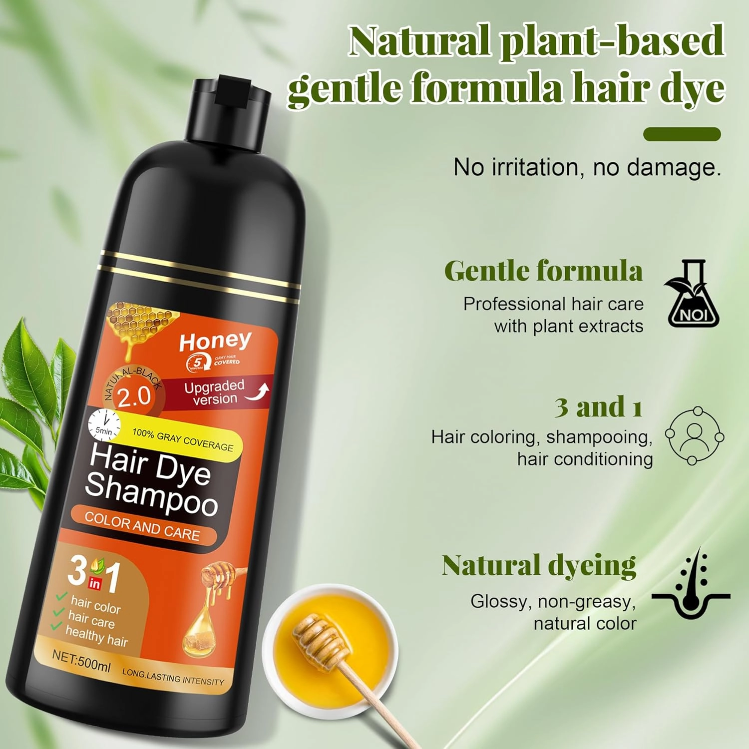 Black Hair Dye Shampoo 3 in 1 for Women & Men 100% Gray Hair Coverage - Herbal Ingredients Natural Plant Hair Color - Hair Dye in Minutes 17.6 Fl Oz
