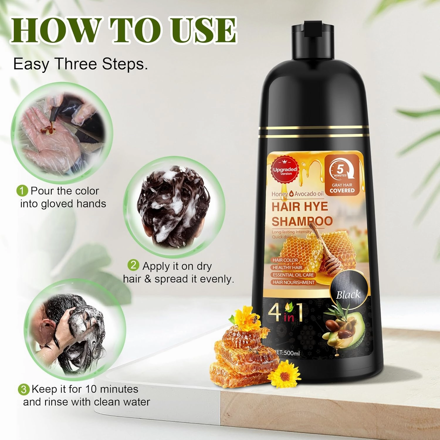 Black Hair Dye Shampoo 3 in 1 for Women & Men 100% Gray Hair Coverage - Herbal Ingredients Natural Plant Hair Color - Hair Dye in Minutes 17.6 Fl Oz