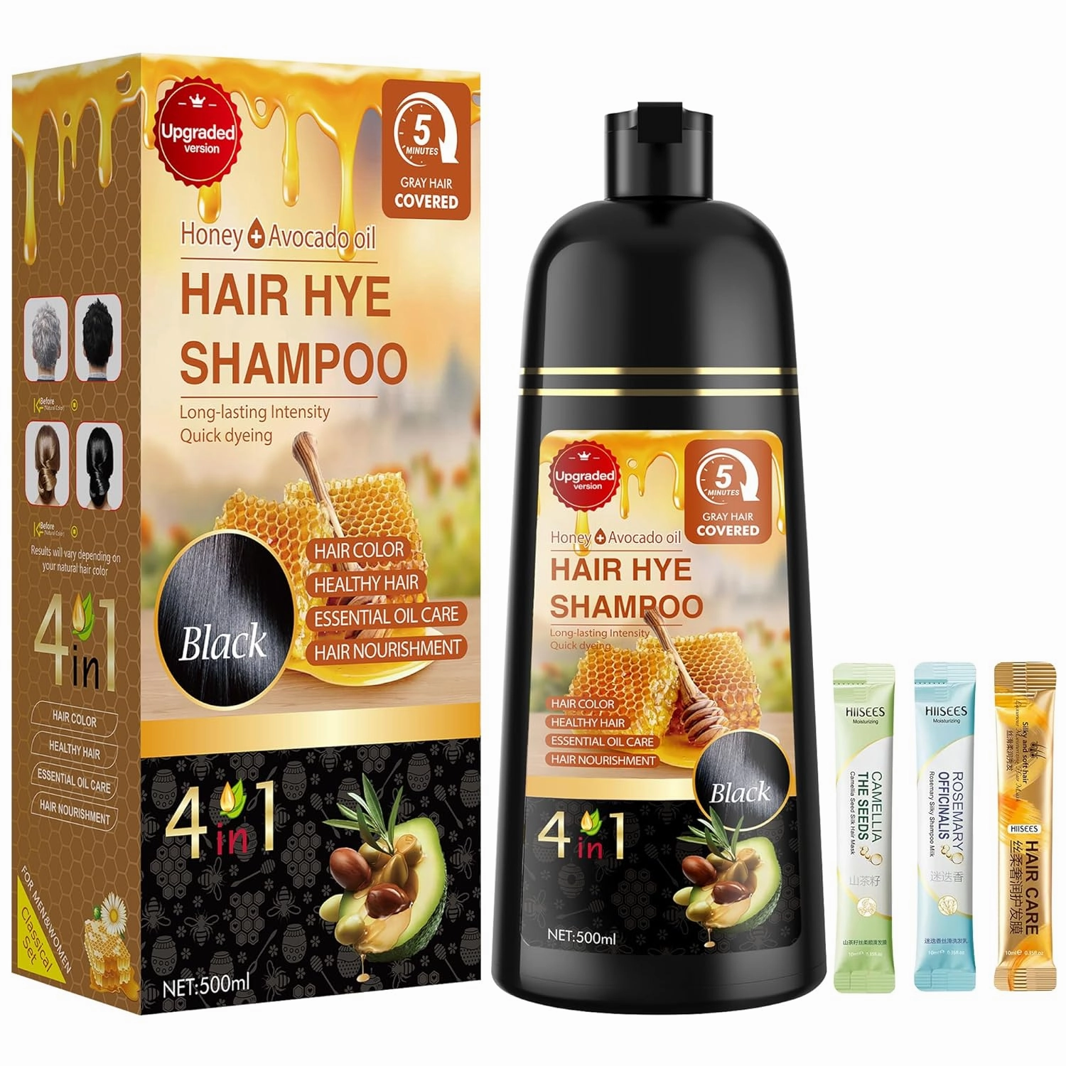 Black Hair Dye Shampoo 3 in 1 for Women & Men 100% Gray Hair Coverage - Herbal Ingredients Natural Plant Hair Color - Hair Dye in Minutes 17.6 Fl Oz