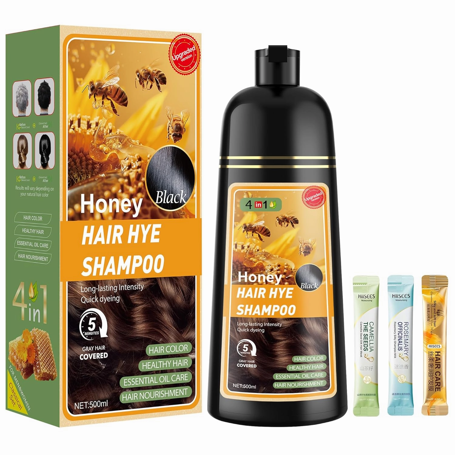 Black Hair Dye Shampoo 3 in 1 for Women & Men 100% Gray Hair Coverage - Herbal Ingredients Natural Plant Hair Color - Hair Dye in Minutes 17.6 Fl Oz