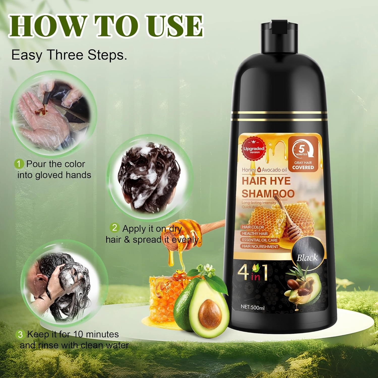Black Hair Dye Shampoo 3 in 1 for Women & Men 100% Gray Hair Coverage - Herbal Ingredients Natural Plant Hair Color - Hair Dye in Minutes 500ML