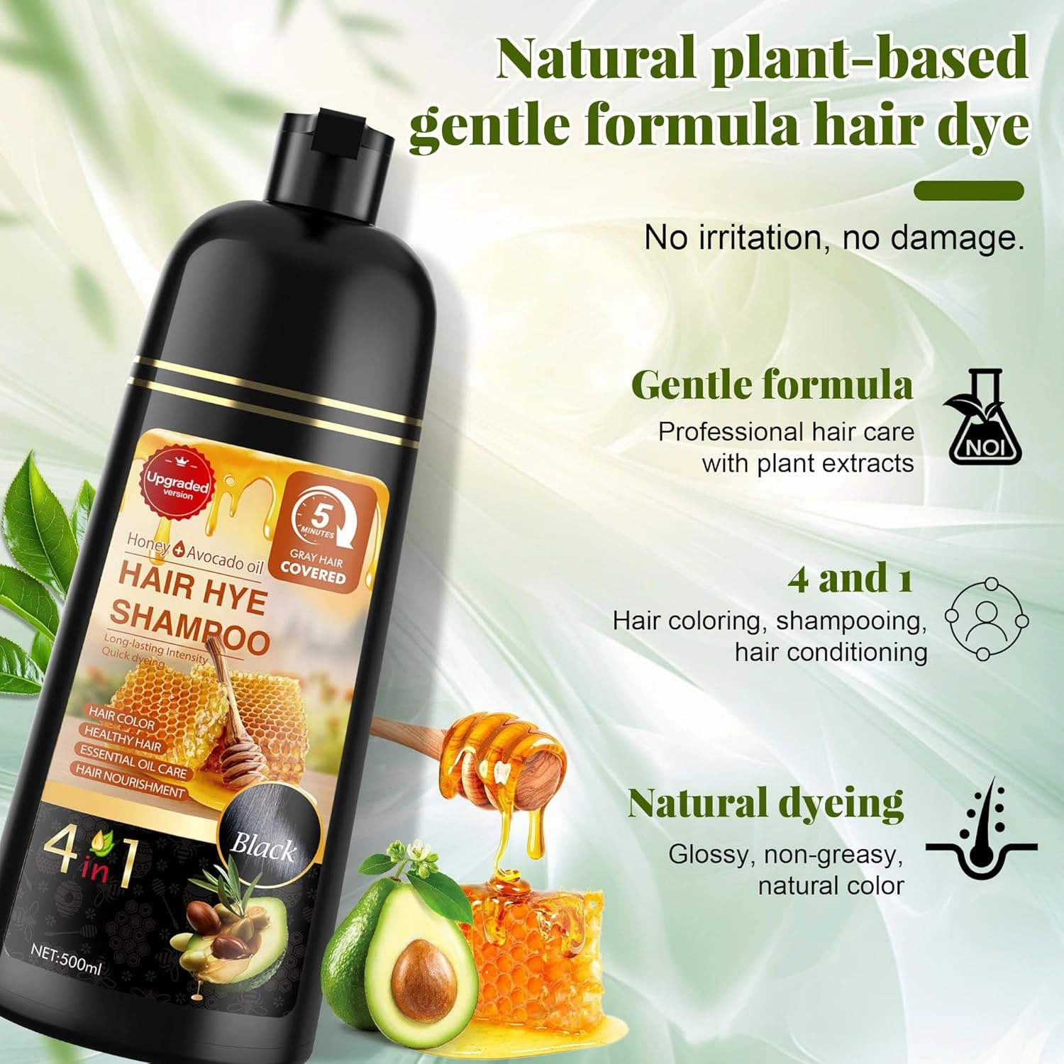 Black Hair Dye Shampoo 3 in 1 for Women & Men 100% Gray Hair Coverage - Herbal Ingredients Natural Plant Hair Color - Hair Dye in Minutes 500ML