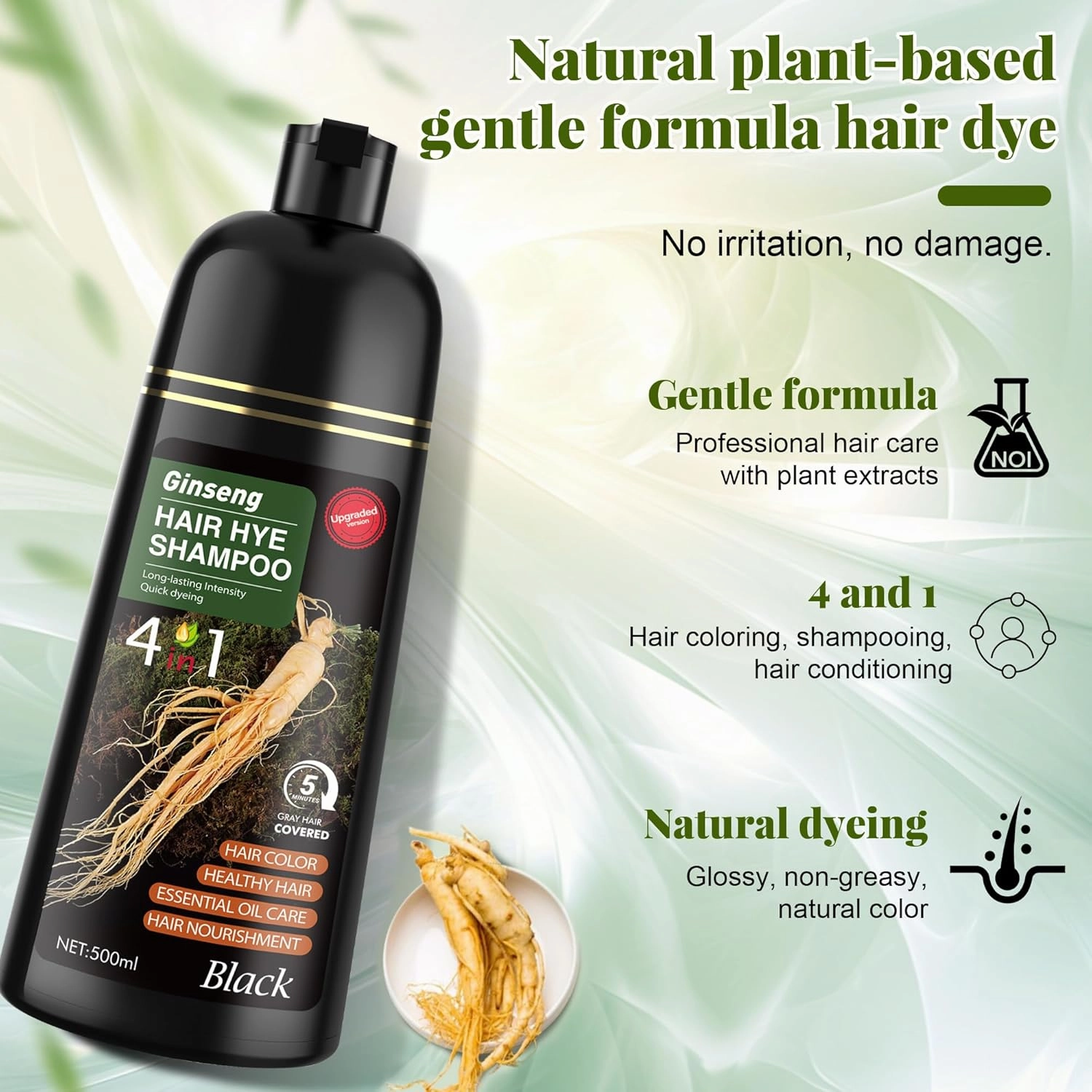 Black Hair Dye Shampoo 3 in 1 for Women & Men 100% Gray Hair Coverage - Herbal Ingredients Natural Plant Hair Color - Hair Dye in Minutes 500ML
