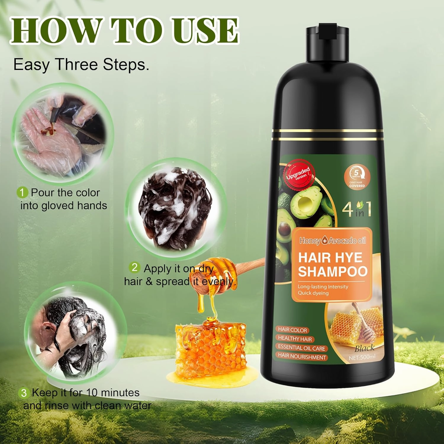 Black Hair Dye Shampoo 3 in 1 for Women & Men 100% Gray Hair Coverage - Herbal Ingredients Natural Plant Hair Color - Hair Dye in Minutes 500ML