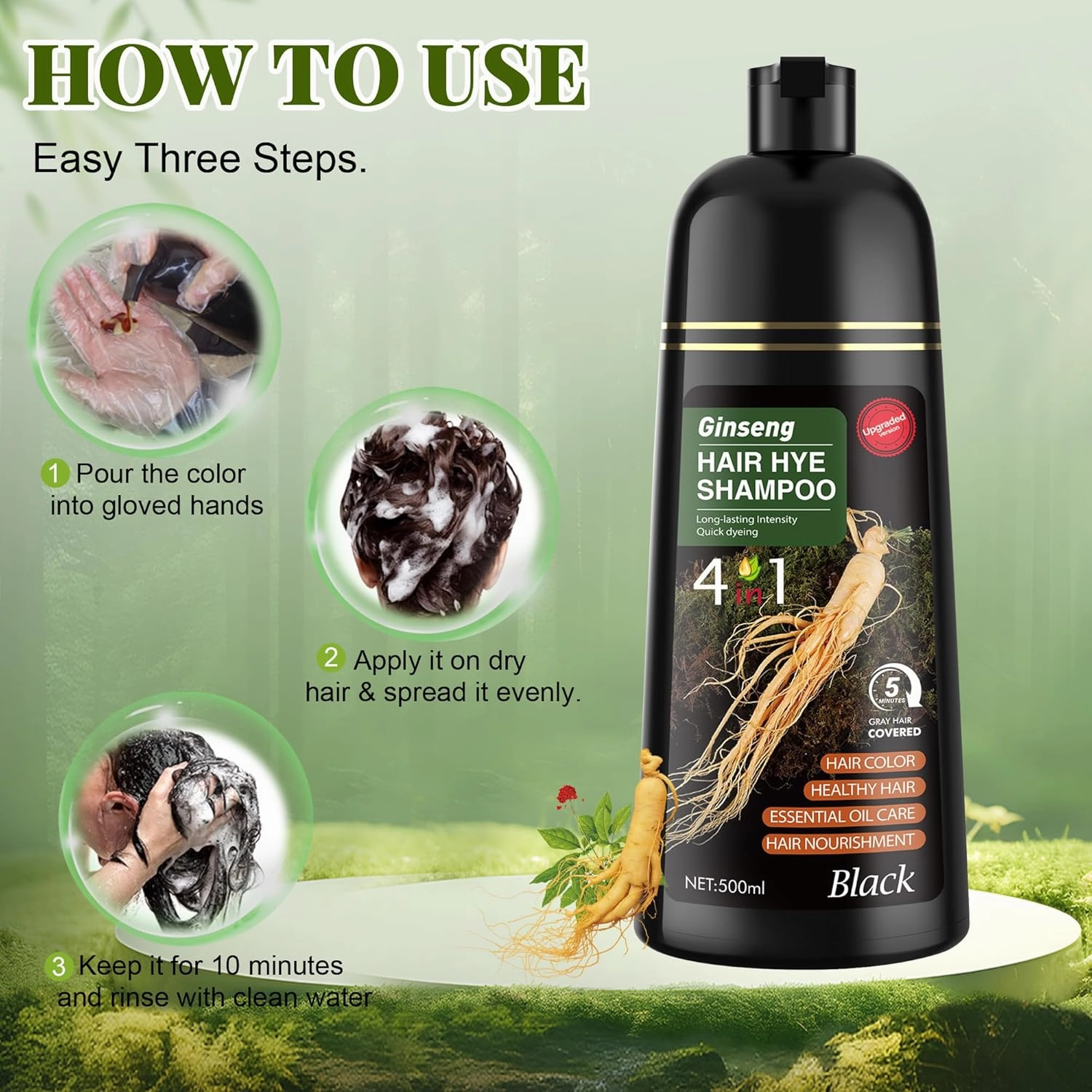 Black Hair Dye Shampoo 3 in 1 for Women & Men 100% Gray Hair Coverage - Herbal Ingredients Natural Plant Hair Color - Hair Dye in Minutes 500ML