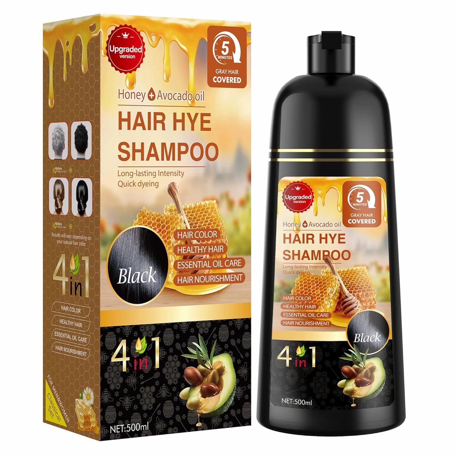 Black Hair Dye Shampoo 3 in 1 for Women & Men 100% Gray Hair Coverage - Herbal Ingredients Natural Plant Hair Color - Hair Dye in Minutes 500ML