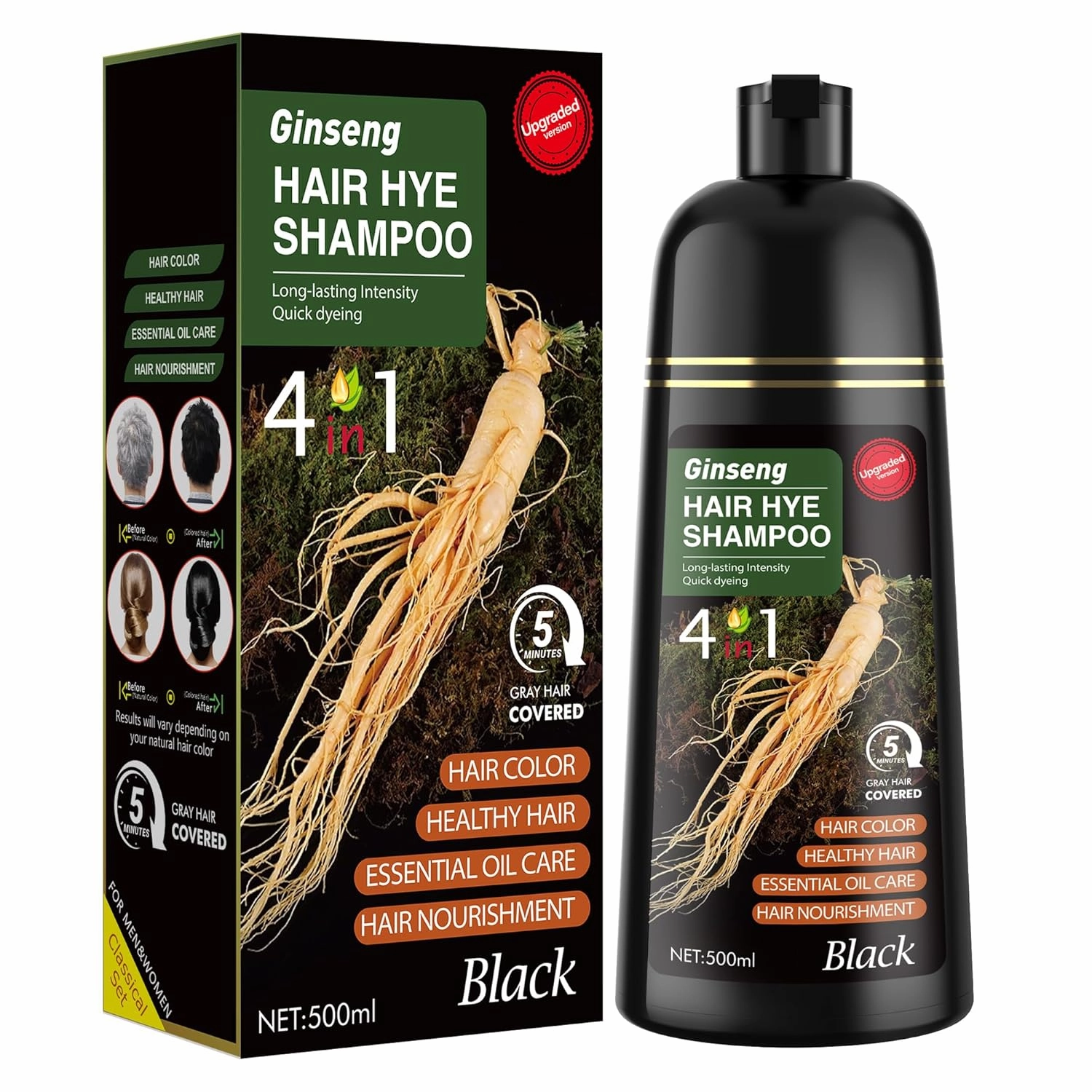 Black Hair Dye Shampoo 3 in 1 for Women & Men 100% Gray Hair Coverage - Herbal Ingredients Natural Plant Hair Color - Hair Dye in Minutes 500ML