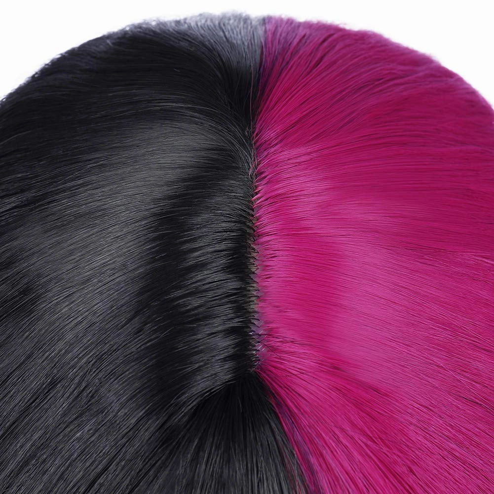 Black Pink Wig Two Color Wig Short Curly Black Pink Wig With Bangs Half Black Pink Split Wig for Women Heat Resistant Synthetic Hair Cosplay Party Wig (Black and Hot Pink)