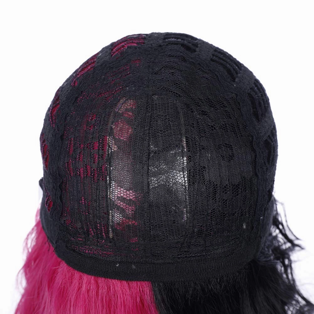 Black Pink Wig Two Color Wig Short Curly Black Pink Wig With Bangs Half Black Pink Split Wig for Women Heat Resistant Synthetic Hair Cosplay Party Wig (Black and Hot Pink)