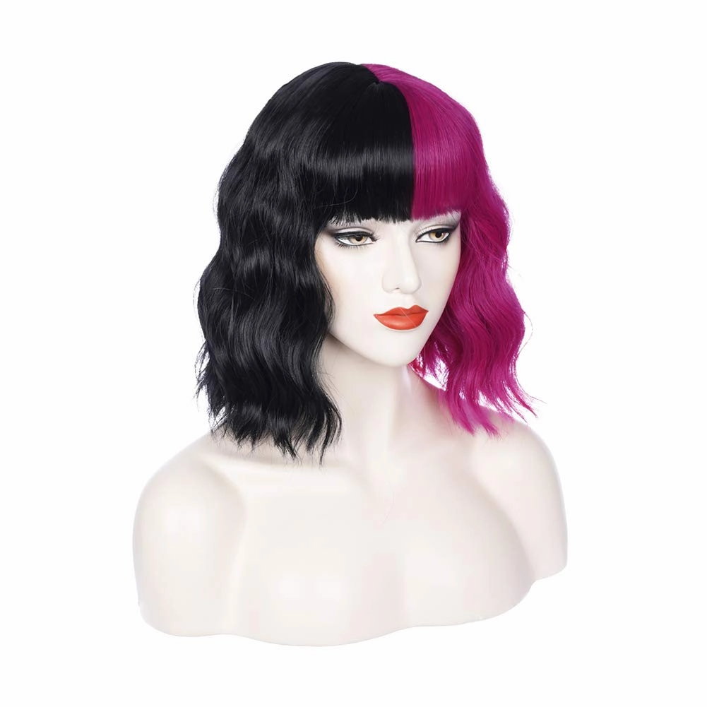Black Pink Wig Two Color Wig Short Curly Black Pink Wig With Bangs Half Black Pink Split Wig for Women Heat Resistant Synthetic Hair Cosplay Party Wig (Black and Hot Pink)