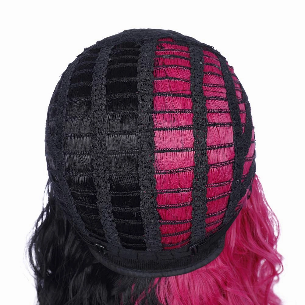 Black Pink Wig Two Color Wig Short Curly Black Pink Wig With Bangs Half Black Pink Split Wig for Women Heat Resistant Synthetic Hair Cosplay Party Wig (Black and Hot Pink)