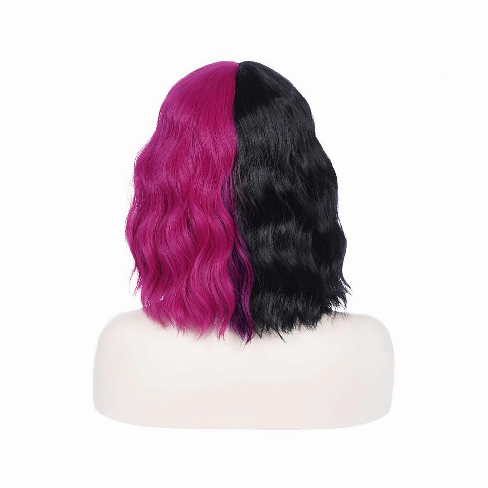 Black Pink Wig Two Color Wig Short Curly Black Pink Wig With Bangs Half Black Pink Split Wig for Women Heat Resistant Synthetic Hair Cosplay Party Wig (Black and Hot Pink)