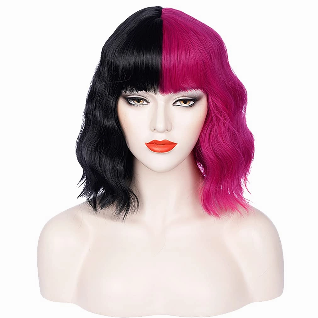 Black Pink Wig Two Color Wig Short Curly Black Pink Wig With Bangs Half Black Pink Split Wig for Women Heat Resistant Synthetic Hair Cosplay Party Wig (Black and Hot Pink)