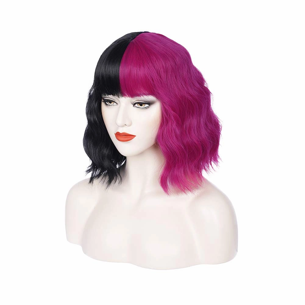 Black Pink Wig Two Color Wig Short Curly Black Pink Wig With Bangs Half Black Pink Split Wig for Women Heat Resistant Synthetic Hair Cosplay Party Wig (Black and Hot Pink)