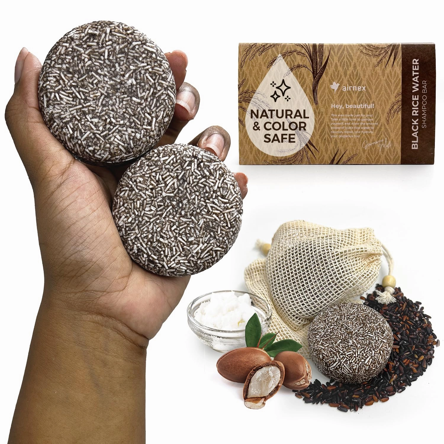 Black Rice Water Shampoo - Fermented Rice Water, Argan Oil & Murumuru Butter for Hair Growth, Moisture & Shine - Set of 2 Bars   Cotton Bags - Sulfate-Free, All-Natural (4.04 oz)