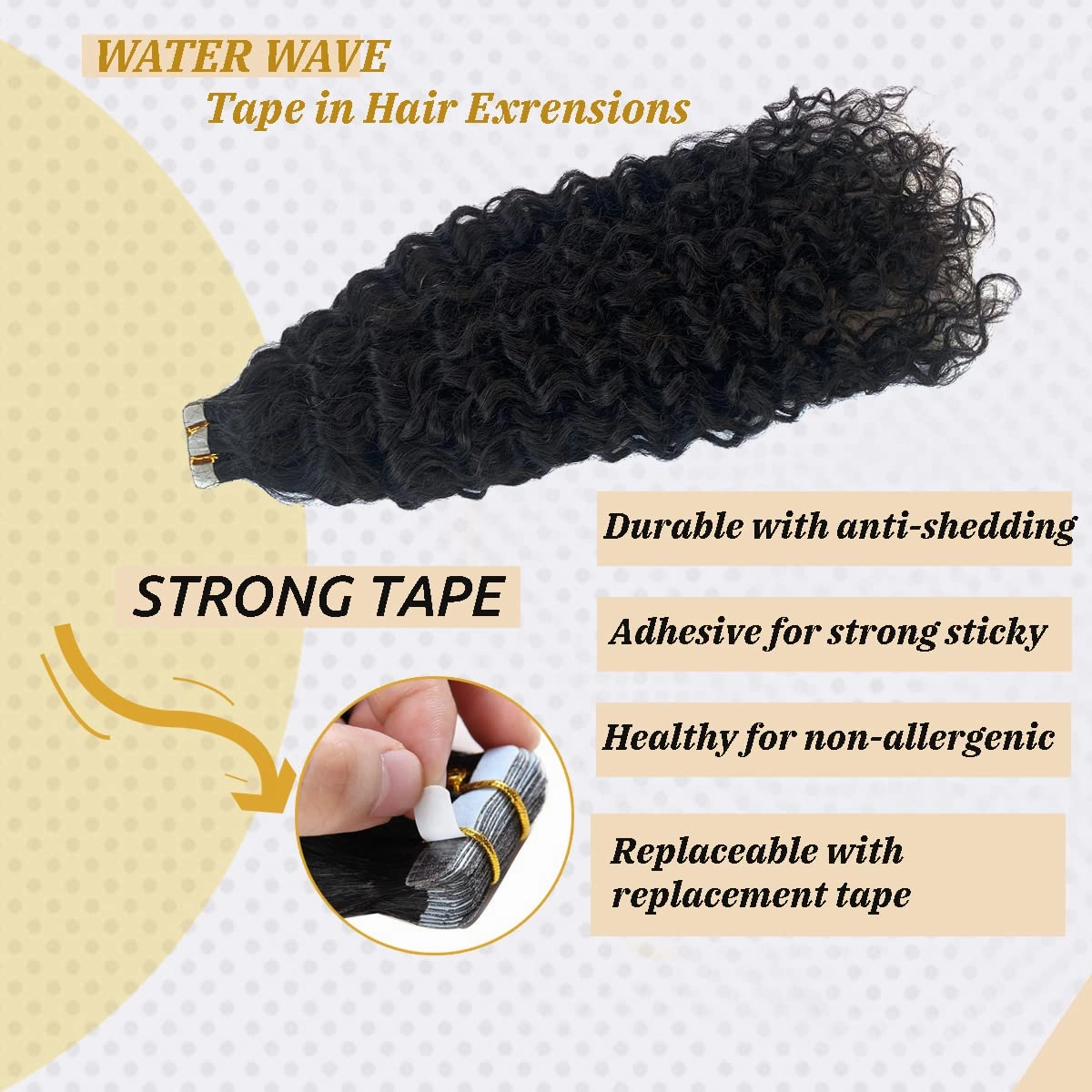 Black Water Wave Tape in Human Hair Extensions Seamless Skin Weft Adhesive 14inch Loose Curly Natural Black 9A Brazilian Remy Tape on Real Human Hair Extensions Glue in for Women 100g/40pcs